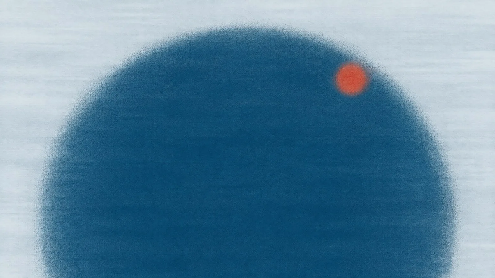 Abstract cover illustration for Wegovy eligibility for men: a large soft blue circle with a small orange dot just inside its edge, on a pale grey ground.