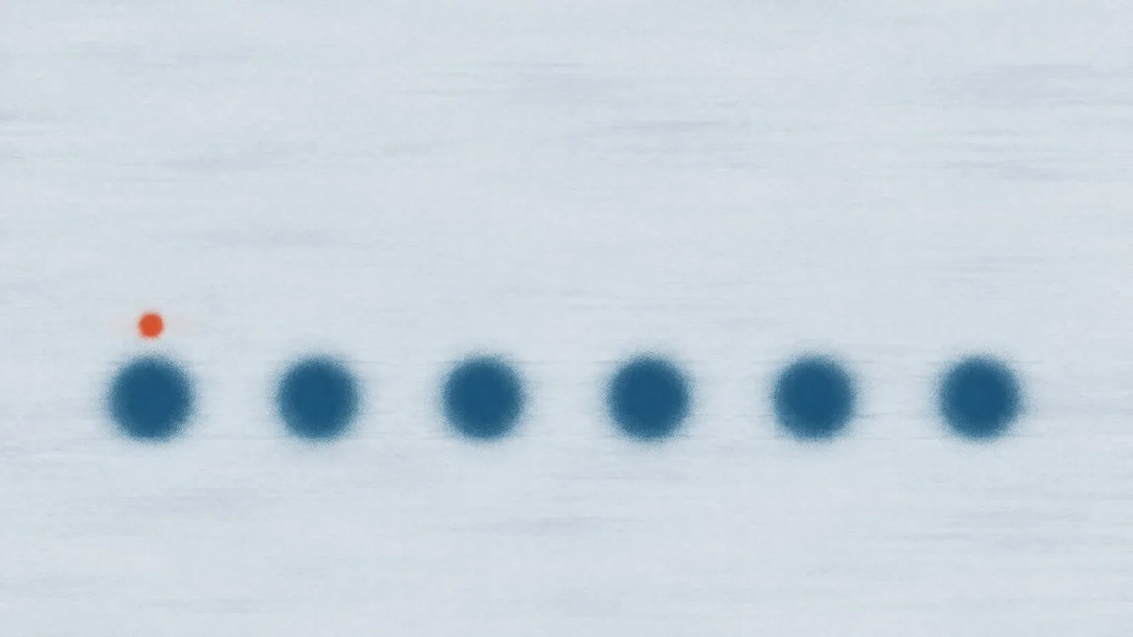 Abstract cover illustration for the Foundayo dose timeline for men: six soft blue dots in a level row with one small orange dot above the first, on a pale grey ground.
