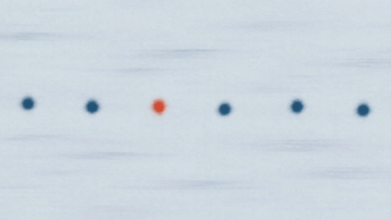 Abstract cover illustration for high-protein snacks for weight loss: six small soft dots at one level across a pale grey ground, one of them orange.