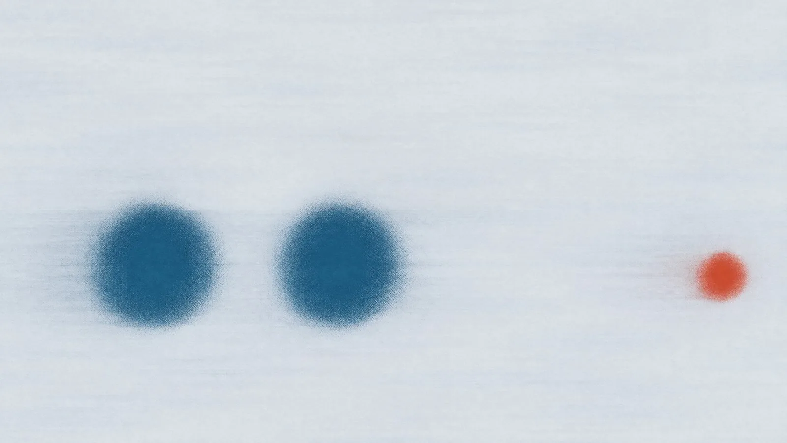 Abstract cover illustration for raised cholesterol or blood sugar, what a clinician checks first: two level soft blue dots side by side with one small orange dot on the same level to their right, on a pale grey ground.