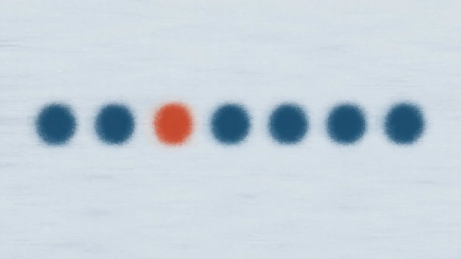 Abstract cover illustration for whether a structured programme helps adherence: seven level soft dots in a row across the centre, six blue and the third one orange, on a pale grey ground.
