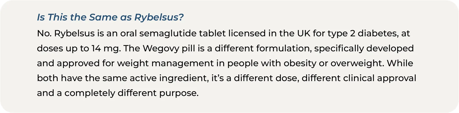 Text infographic explaining that the Wegovy pill is not the same as Rybelsus, Rybelsus is oral semaglutide licensed for type 2 diabetes at doses up to 14mg, while the Wegovy pill is a different formulation approved for weight management.
