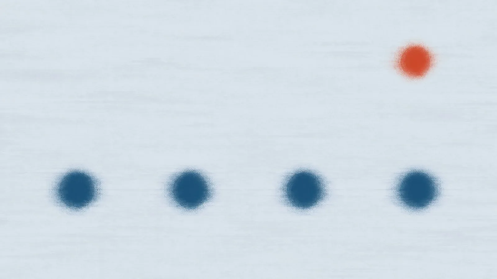 Abstract cover illustration for a week-by-week tablet timeline: four soft blue dots in one level row across the lower part of a pale grey ground, with a single orange dot above to the right.