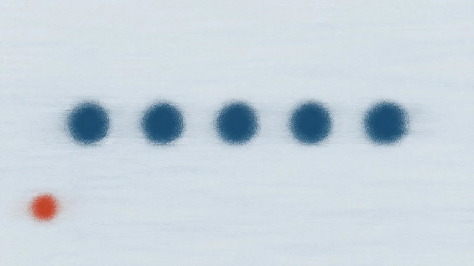 Abstract cover illustration for a week-by-week treatment timeline: five soft blue dots in one level row across a pale grey ground, with a single orange dot low on the left.