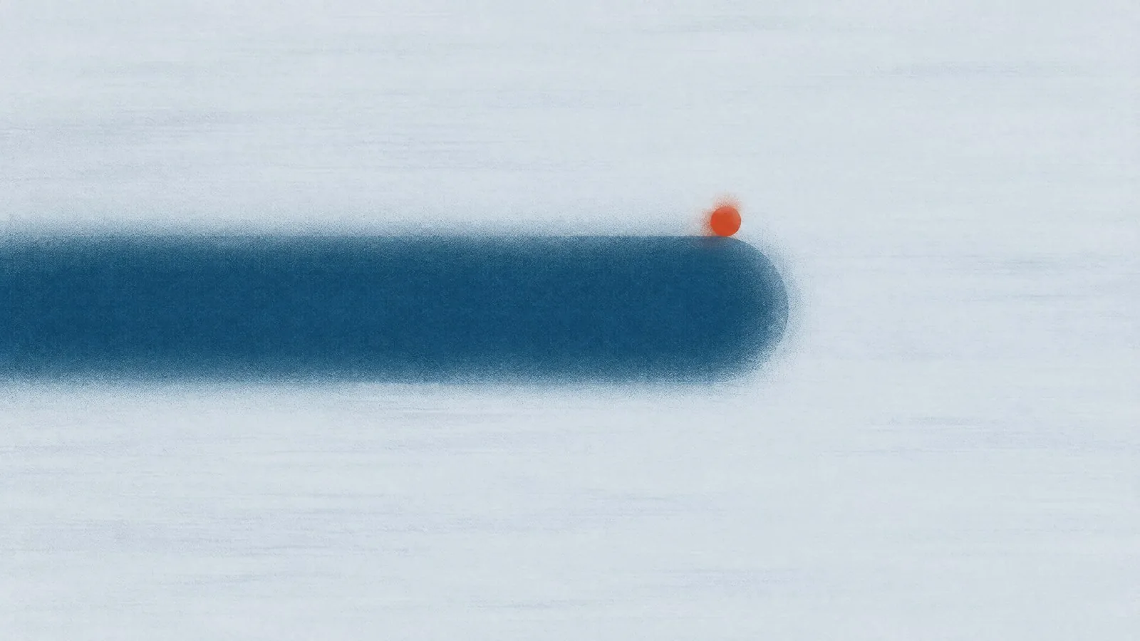 Abstract cover illustration for a weight loss plateau in men: a level soft blue band running from the left and stopping two thirds across, with a small orange dot resting where it ends, on a pale grey ground.