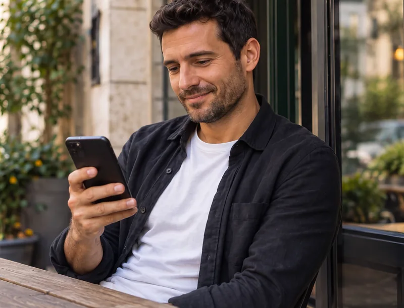 A man smiling at his phone at a cafe table