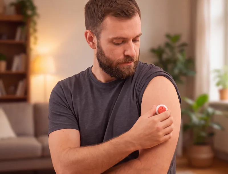 A man at home pressing the at-home blood collection device to his upper arm